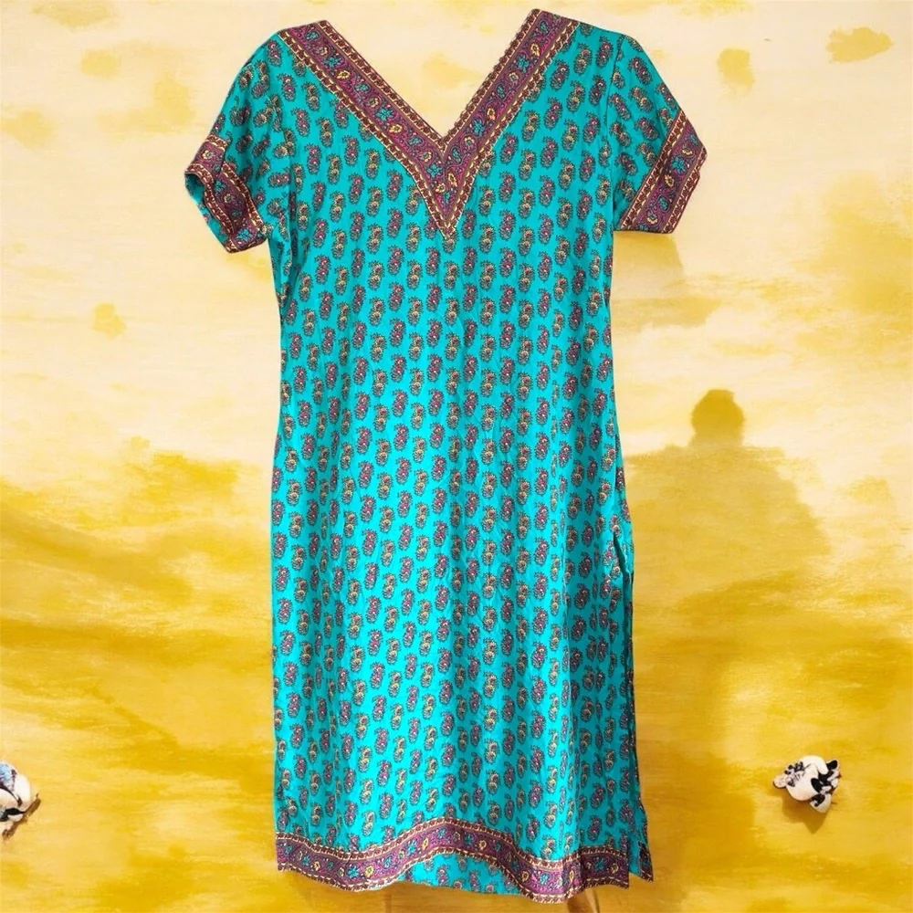 Silk Kurti Indian Design Vibrant Teal Dress Tunic with Purple Accents 31” Waist - Picture 1 of 9